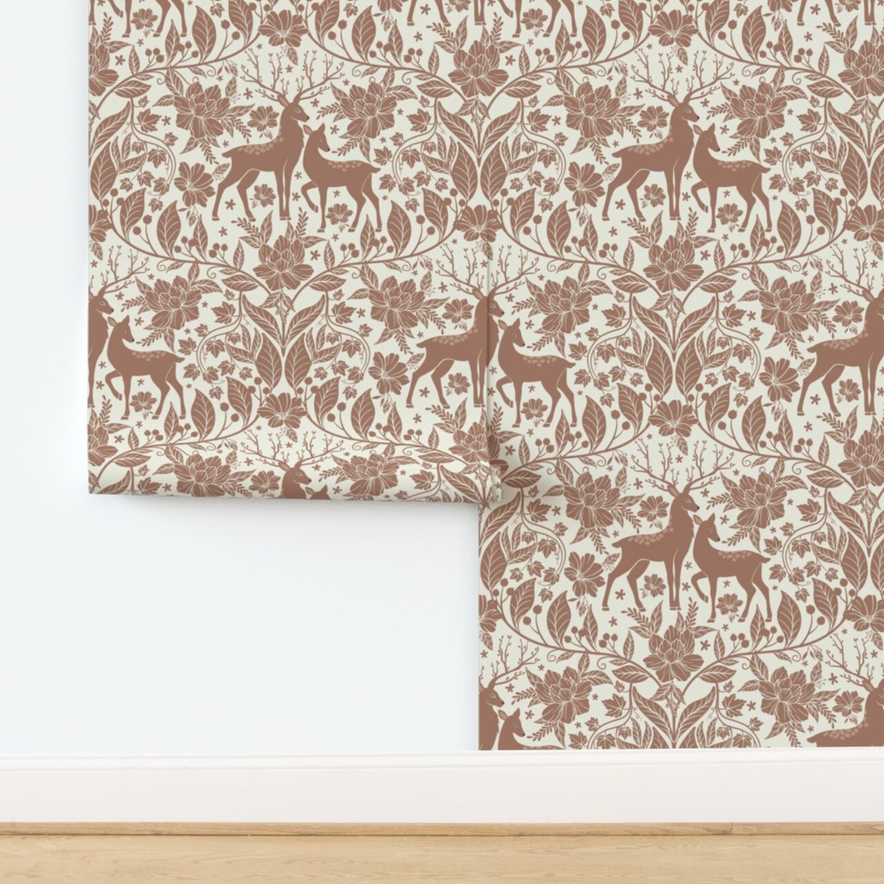 Cabincore Rustic Woodland Deer Floral Forest Leaves Stag Doe Damask Nature Berries Scene Brown Lodge Custom Removable Wallpaper by Spoonflower Peel & Stick Wallpaper 2FT Wide
